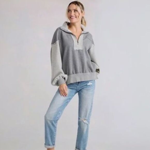 We the Free People Size XS Gray Kassey 1/2 Zip Pullover Oversized sweatshirt - Picture 1 of 12